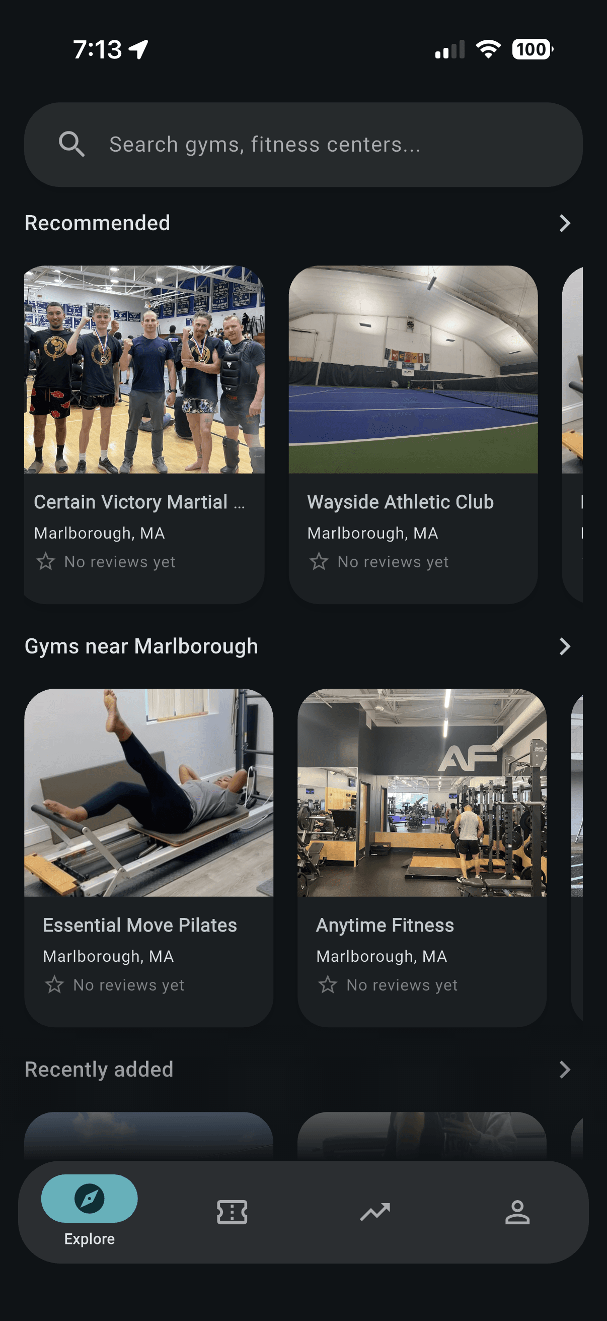 TRVLFIT app showing gym discovery